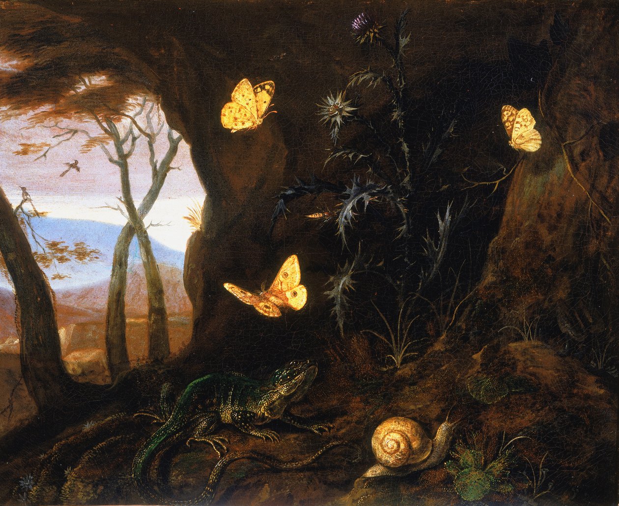 Små krybdyr og sommerfugle i et hjørne af skoven af Otto Marseus  van Schrieck