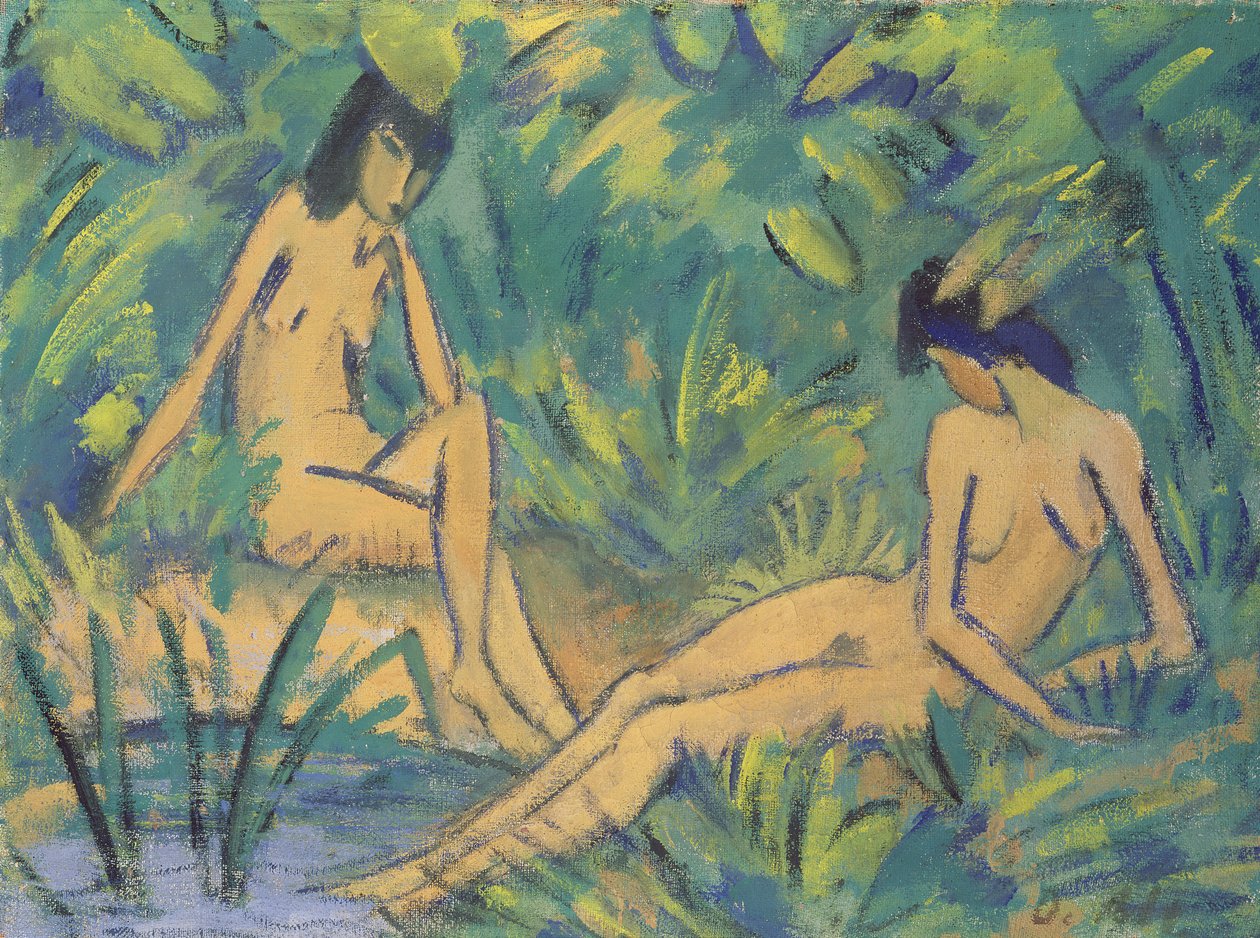 Piger siddende ved vandet, ca. 1920 (tempera på hessian) af Otto Mueller