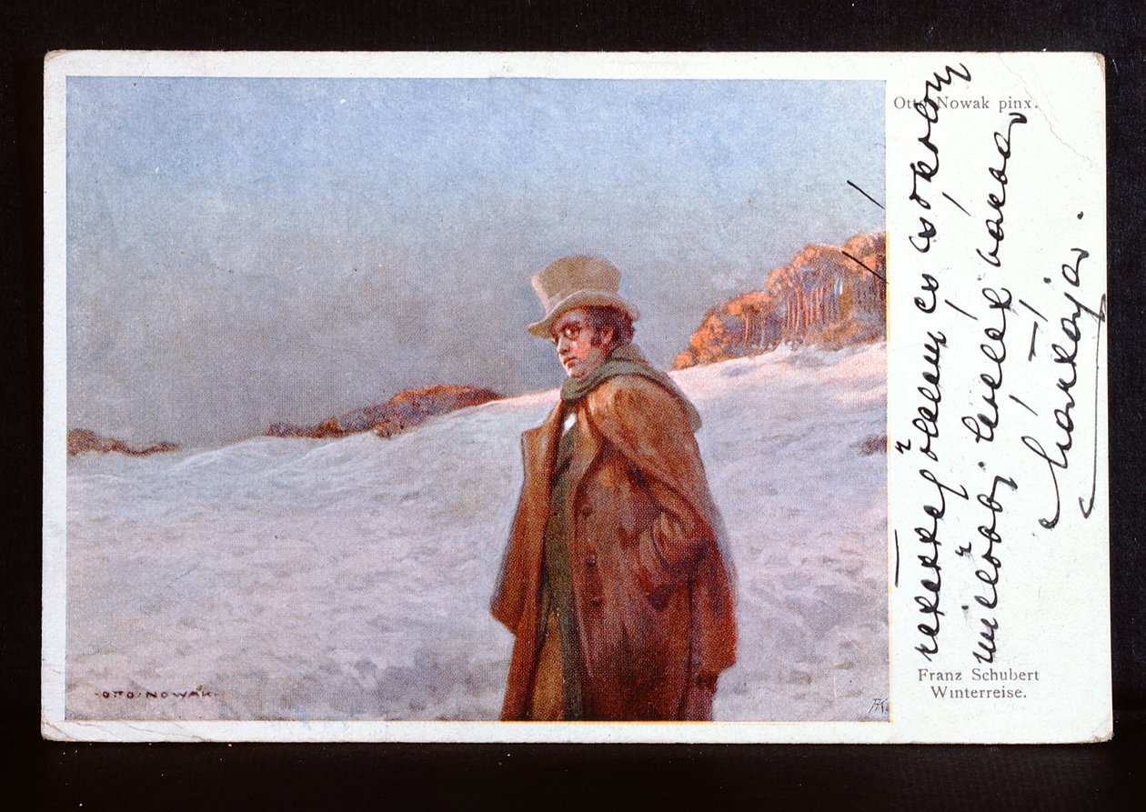 Wienerpostkort, der forestiller Franz Peter Schubert (1797-1828) og illustrerer hans sangcyklus 