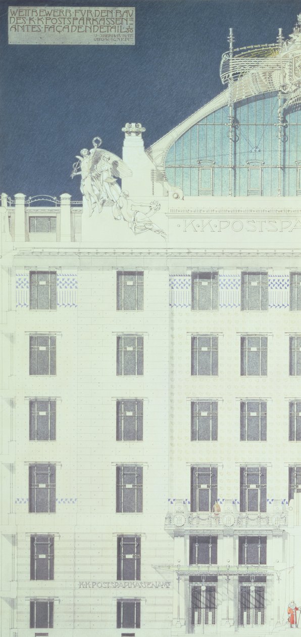 Postsparekasse, Wien, tegning med en detalje af facaden, ca. 1904-06 (farveblyant) af Otto Wagner