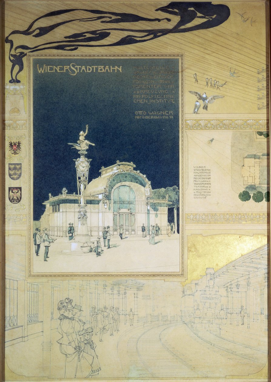 Stadtbahn-pavillonen til Wiens undergrundsjernbane, design, der viser eksteriøret og udsigt til jernbaneperronen, ca. 1894-97 (farvet blyant) af Otto Wagner