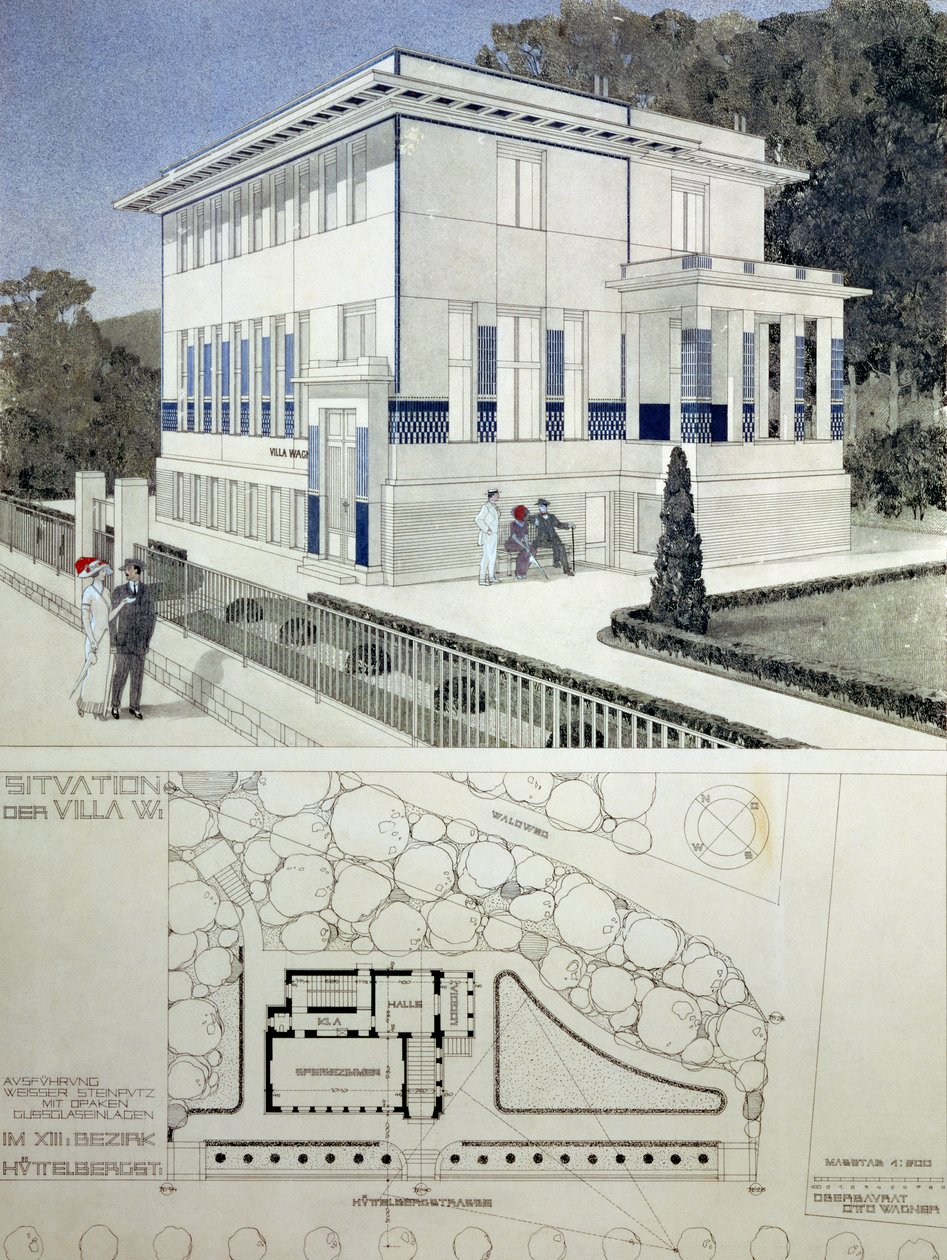 Villa Wagner, Wien, design, der viser husets ydre, bygget af stål og beton i streng geometrisk stil med dybblå paneler og nailhead ornament, med nedenunder en plan over huset og gr. af Otto Wagner