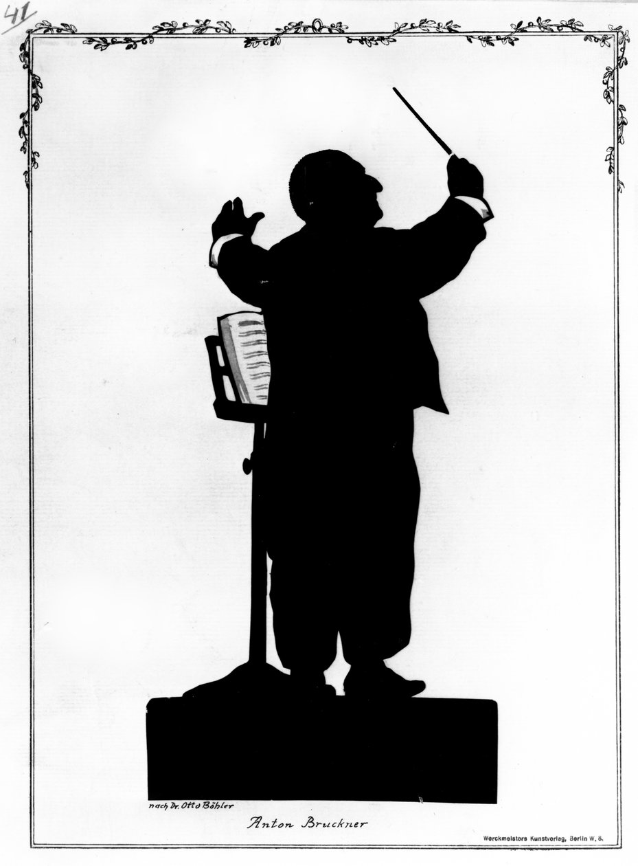 Silhuet af Anton Bruckner (1824-96) østrigsk komponist, dirigering (gravering) (s/h foto) af Otto (after) Bohler