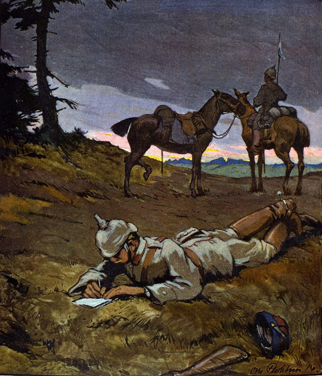 Første Verdenskrig (1914-1918): Tyske ryttere i rekognoscering i 1914. De er iført pighjelme. Maleri af Otto Flechner til bladet "" Jugend". 20. århundrede af Otto Flechtner