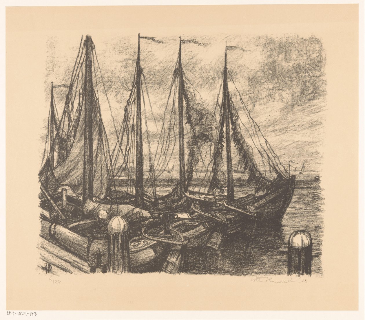 Fortøjede fiskefartøjer i en havn af Otto Hanrath (signed by artist)