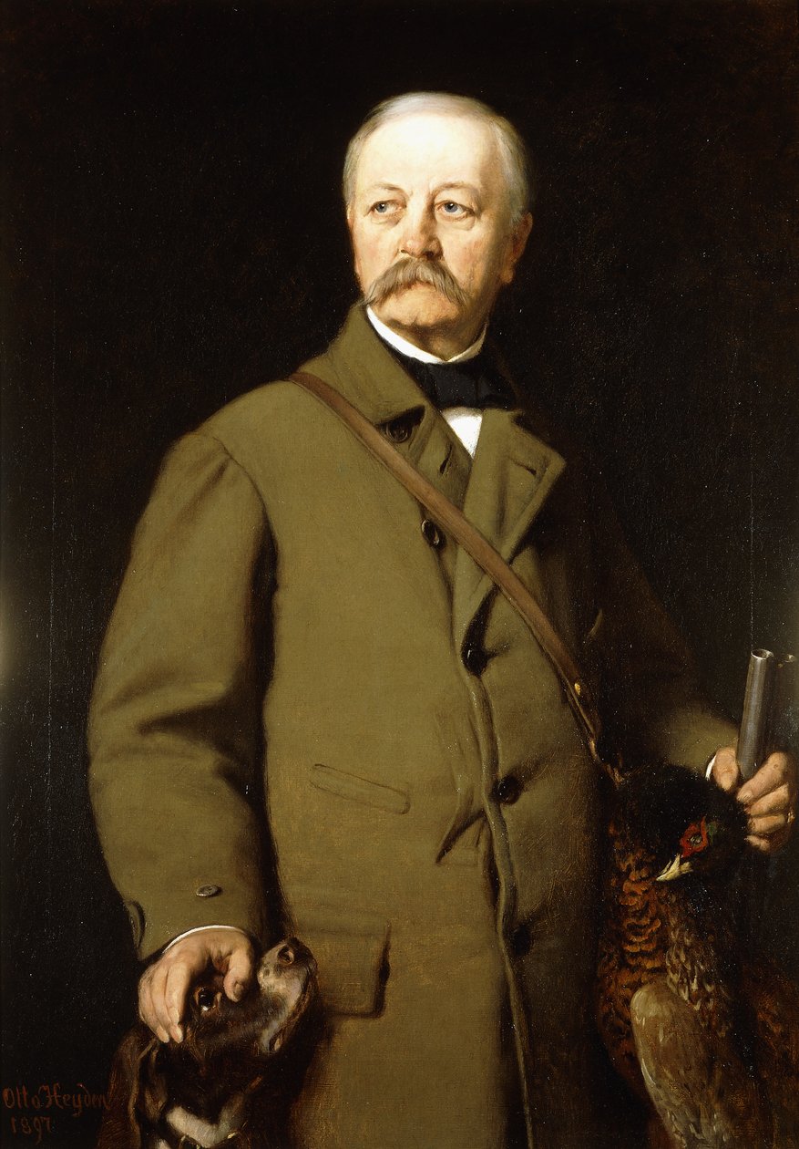 Portræt af Otto von Bismarck i jagttøj med sin hund og en død fasan, 1897 af Otto Johann Heinrich Heyden