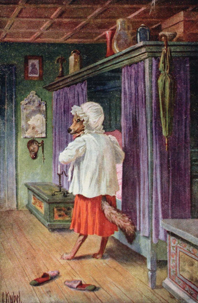 Postkort, der forestiller ulven forklædt som Rødhættes bedstemor (farve litho) af Otto Kubel