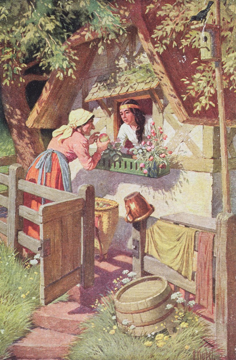 Den onde dronning, forklædt som en gammel kvinde, tilbyder det forgiftede æble til Snehvide, illustration fra Grimm-eventyret 