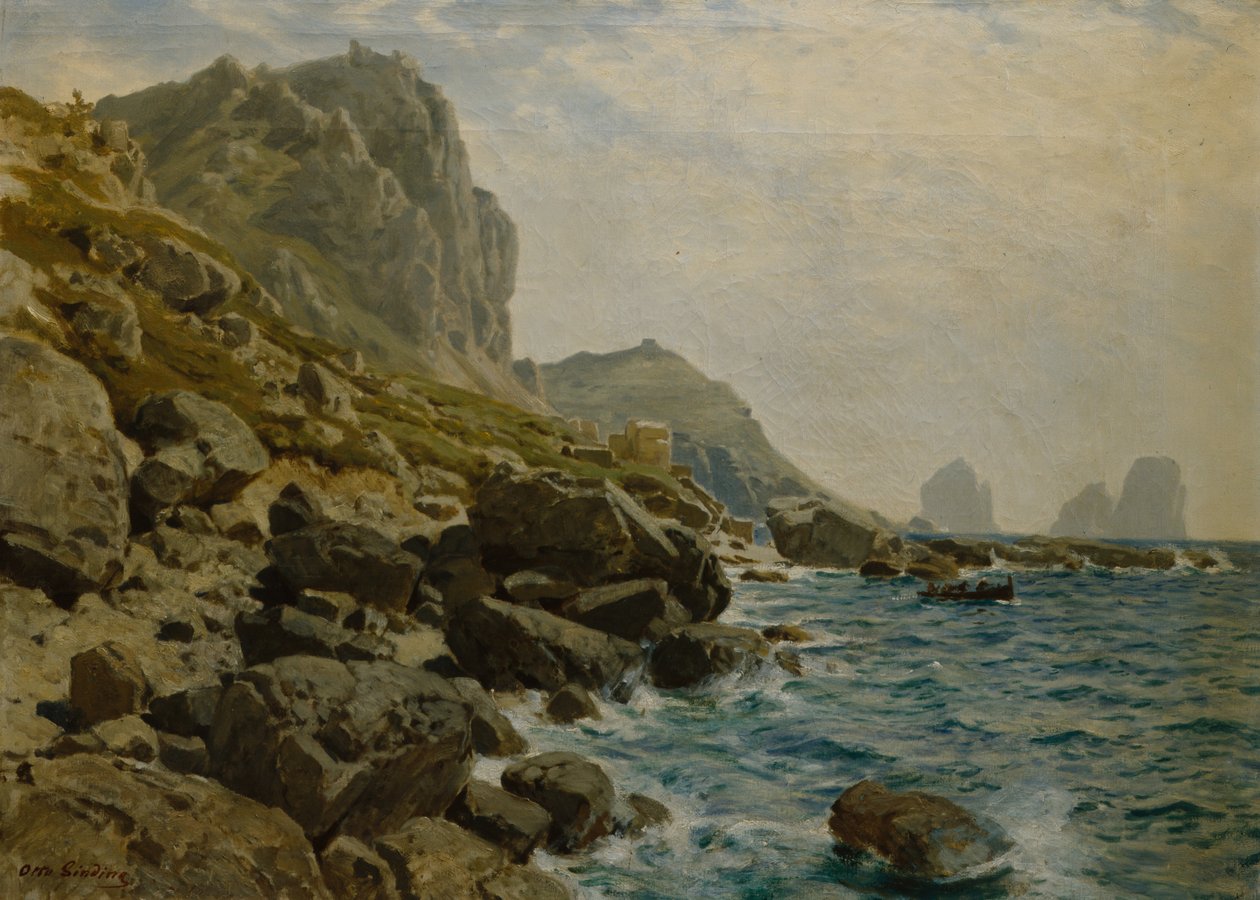 Dramatisk kystlandskab med båd (olie på lærred) af Otto Ludvig Sinding