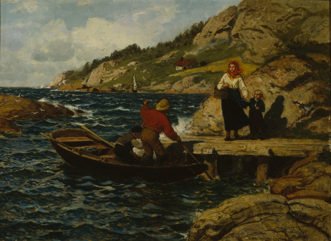 Fisker, kvinde og barn ved kajen af Otto Ludvig Sinding