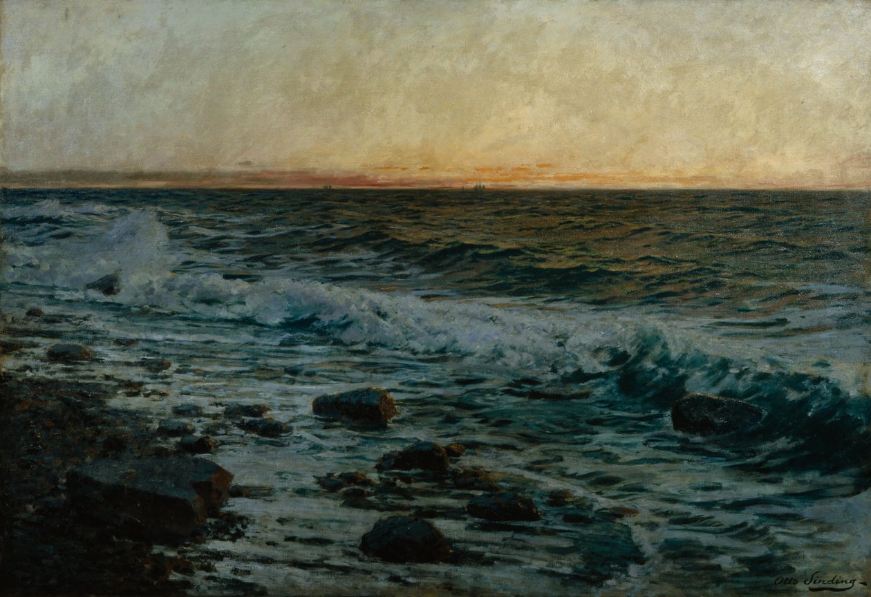 Solnedgang ved havet (olie på lærred) af Otto Ludvig Sinding