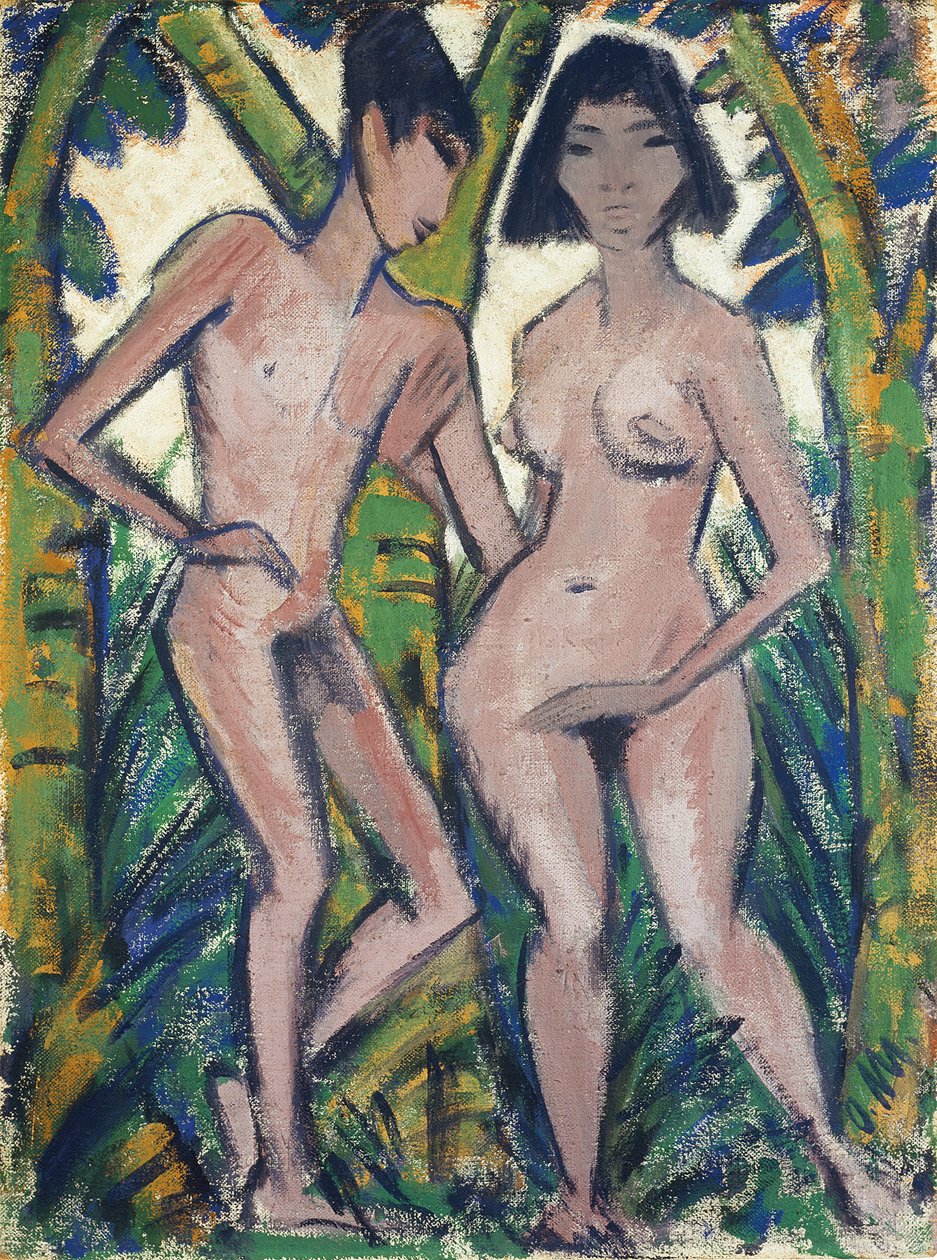 Adam og Eva, ca. 1913-22 (kalkvandsfarve på hessian) af Otto Muller or Mueller