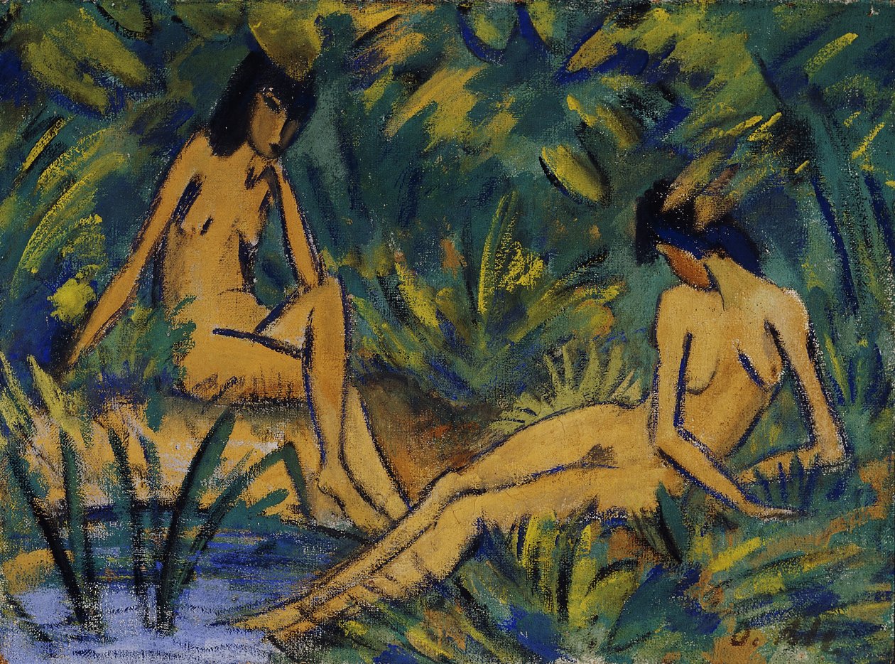 Siddende Kvinde ved Vand; Siddende piger ved vandet, ca. 1914-16 af Otto Mueller