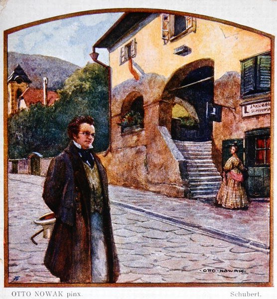 Franz Peter Schubert (1787-1828) foran skomagerens hus, ca. 1910 (farve litho) af Otto Robert Nowak