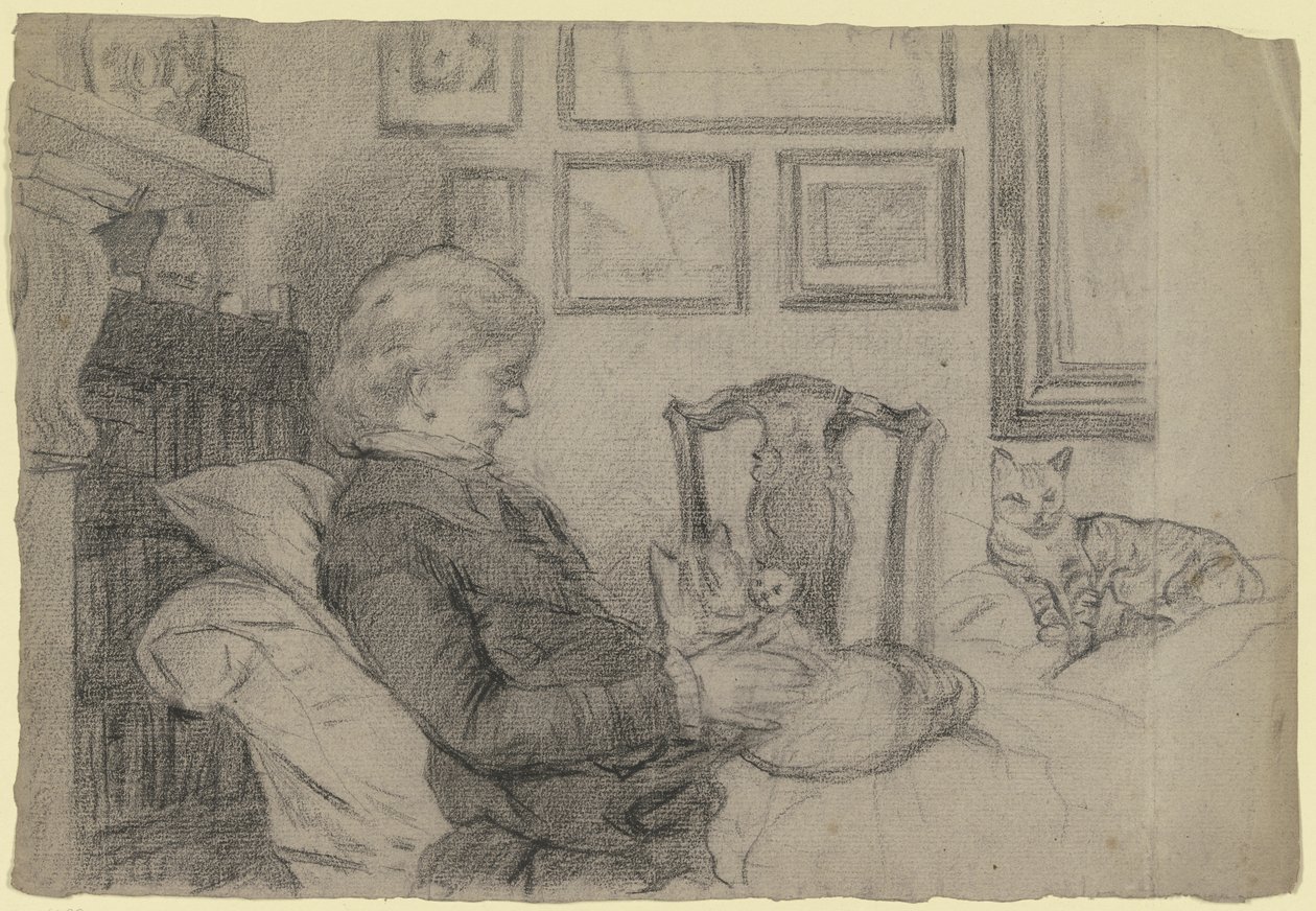 Luise Scholderer ved kaminen med mange katte af Otto Scholderer