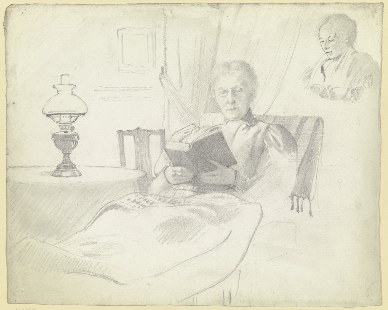 Luise Scholderer læsende med bord og lampe, brystbillede af en kvindelig figur i baggrunden af Otto Scholderer