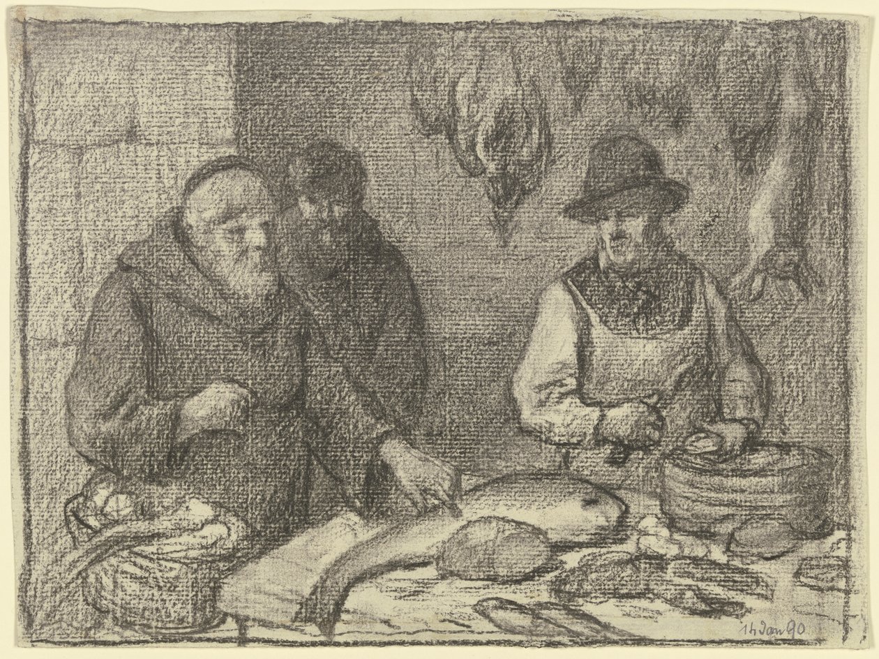 Munk med en fiskehandler af Otto Scholderer