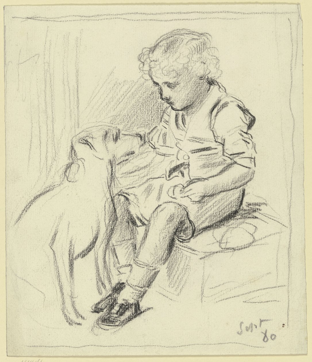 Siddende dreng med siddende hund af Otto Scholderer