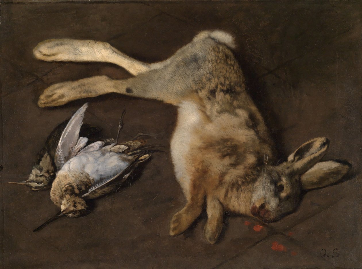 Stilleben med skovsnepper og en hare af Otto Scholderer