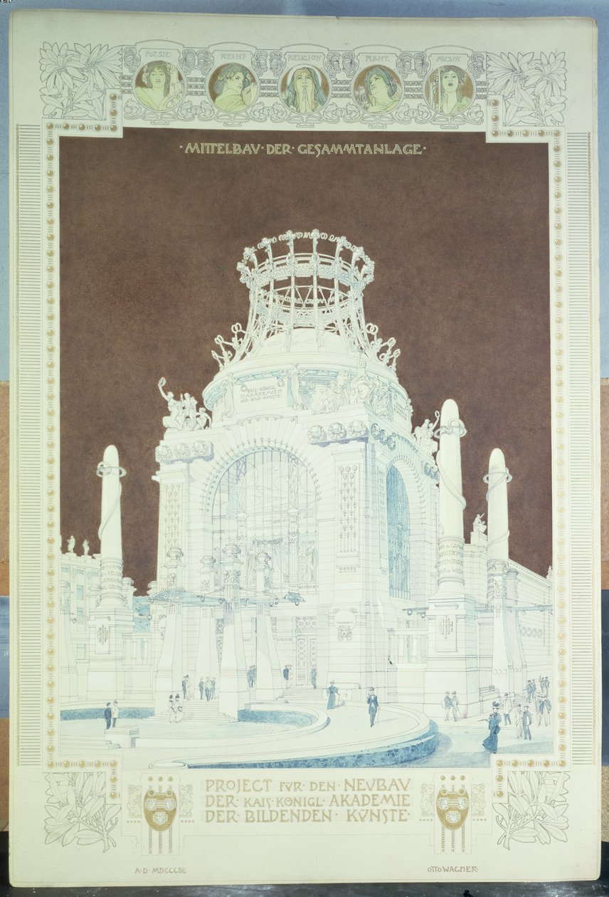 Academy of Fine Arts, Wien, design for Hall of Honor (farvet blyant) af Otto Wagner