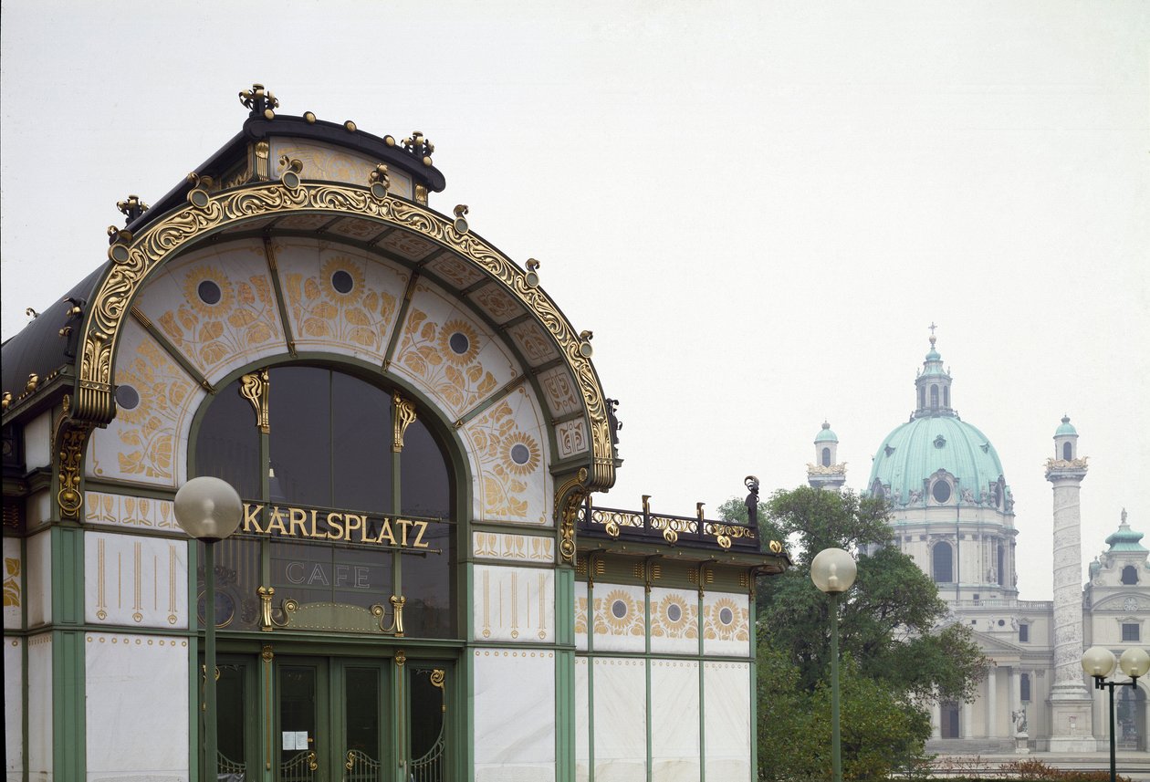 Art Nouveau: udsigt over pavillonen på Karlsplatz metrostation (nu café) lavet af arkitekt Otto Wagner (1841-1918) (Wiensk løsrivelse) 1894-1899 Wien, Østrig af Otto Wagner