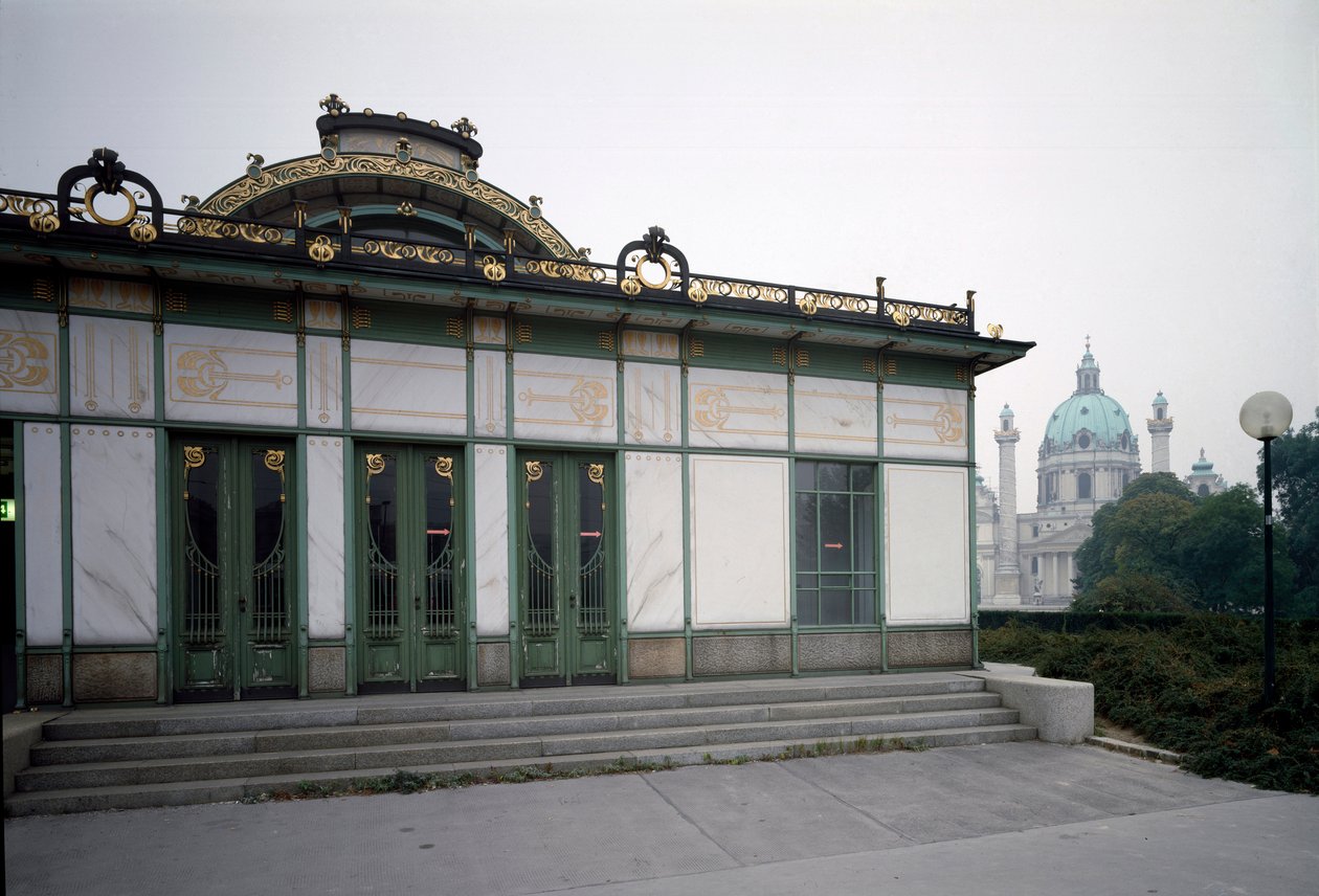 Art Nouveau: udsigt over pavillonen på Karlsplatz metrostation (nu café) lavet af arkitekt Otto Wagner (1841-1918) (Wiensk løsrivelse) 1894-1899 Wien, Østrig af Otto Wagner