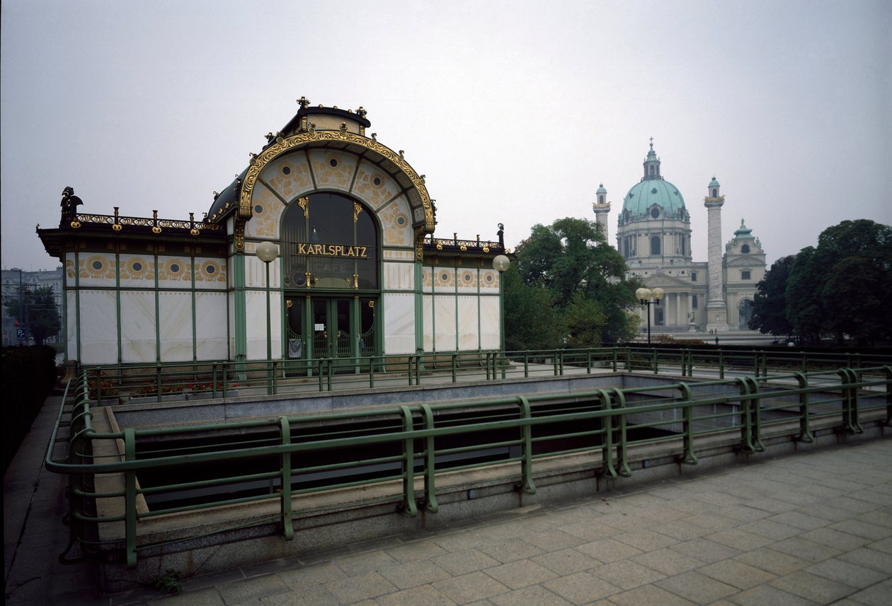 Art Nouveau: udsigt over pavillonen på Karlsplatz metrostation (nu café) lavet af arkitekt Otto Wagner (1841-1918) (Wiensk løsrivelse) 1894-1899 Wien, Østrig af Otto Wagner