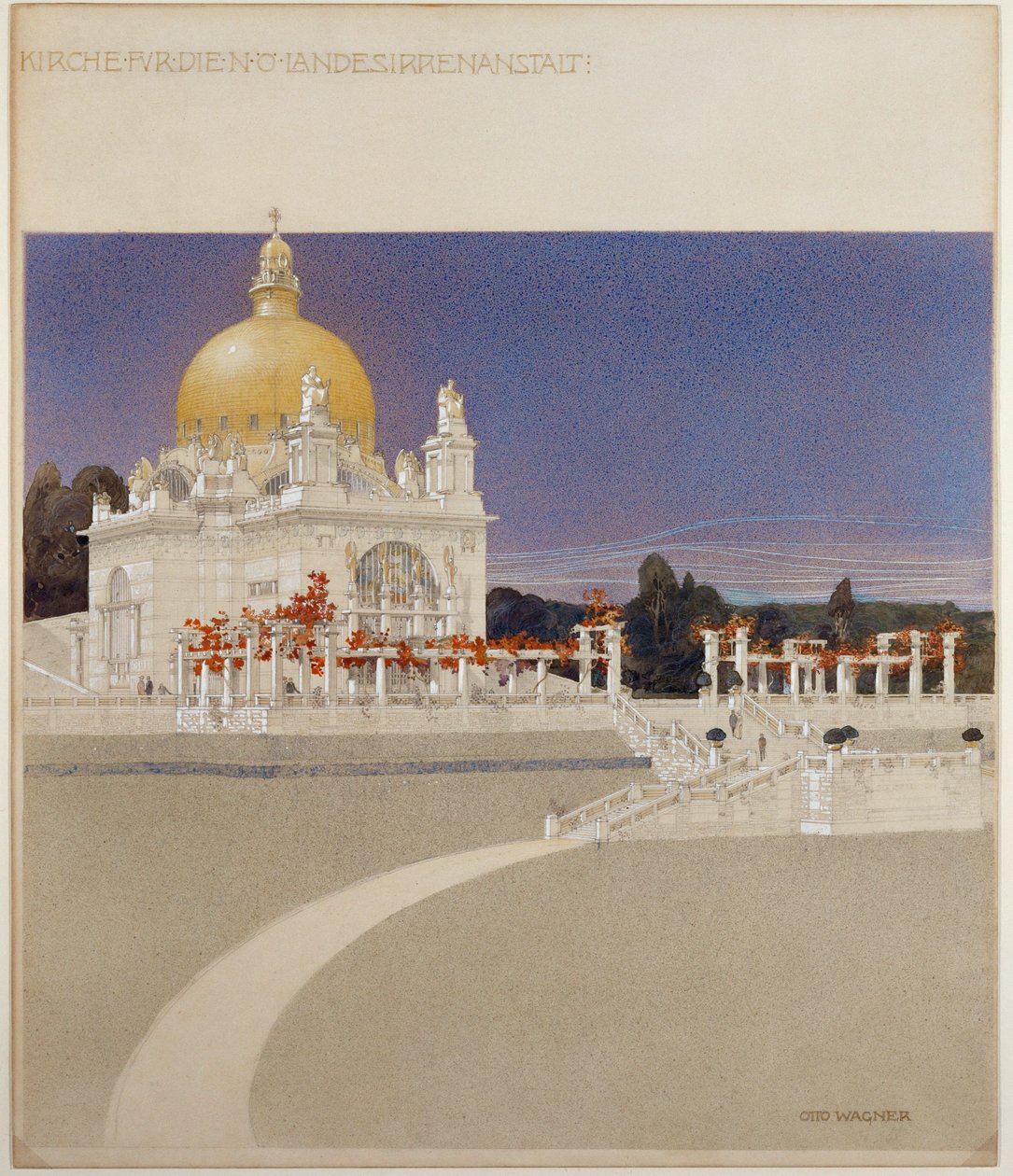 Kirke for Steinhof Asylum, Wiens centrale hospital for psykisk syge ... (farvekridt, pen, blæk og vask) af Otto Wagner