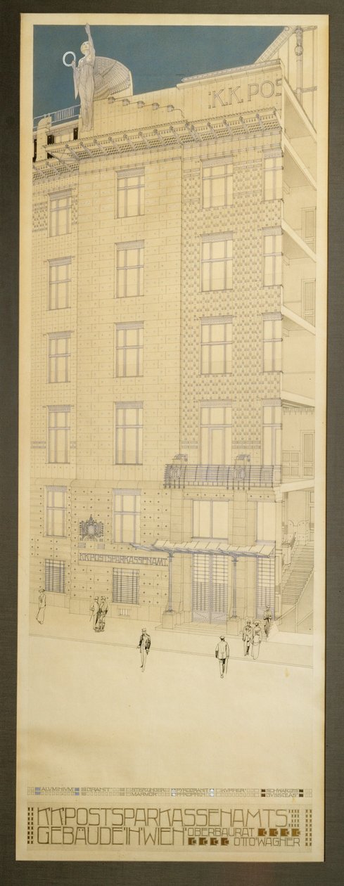 Design til konkurrencen for Postsparekassen i Wien ... (pen og sort blæk, blå farveblyant, guldmaling) af Otto Wagner