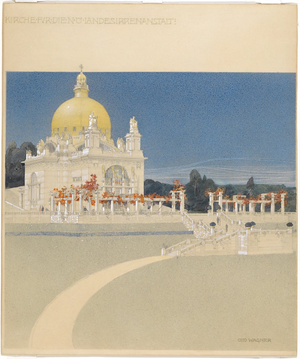 Sankt Leopolds Kirke på Steinhof, konkurrenceprojekt, perspektiv af Otto Wagner