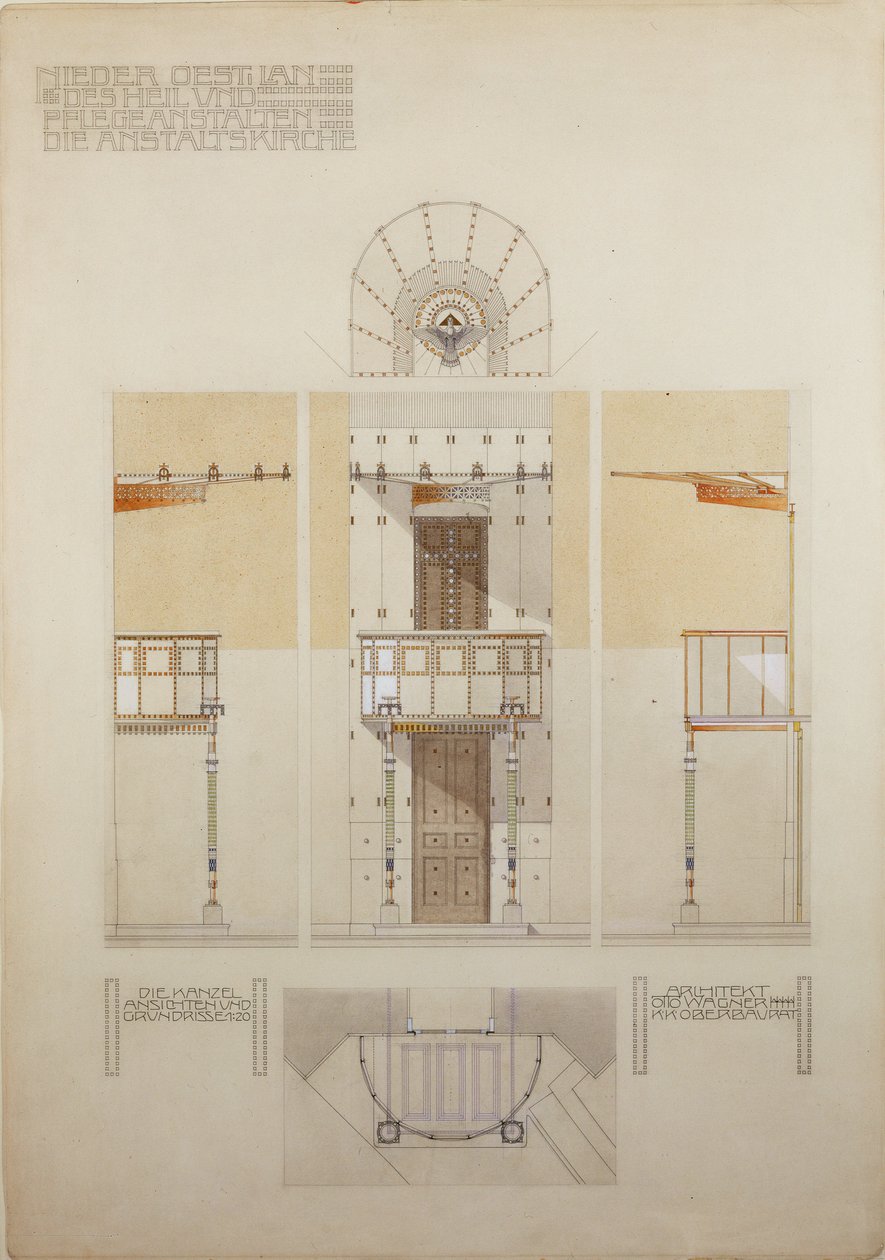 Skitse til prædikestolen i kirken i Steinhof, Wiens centrale hospital for psykisk syge ... af Otto Wagner
