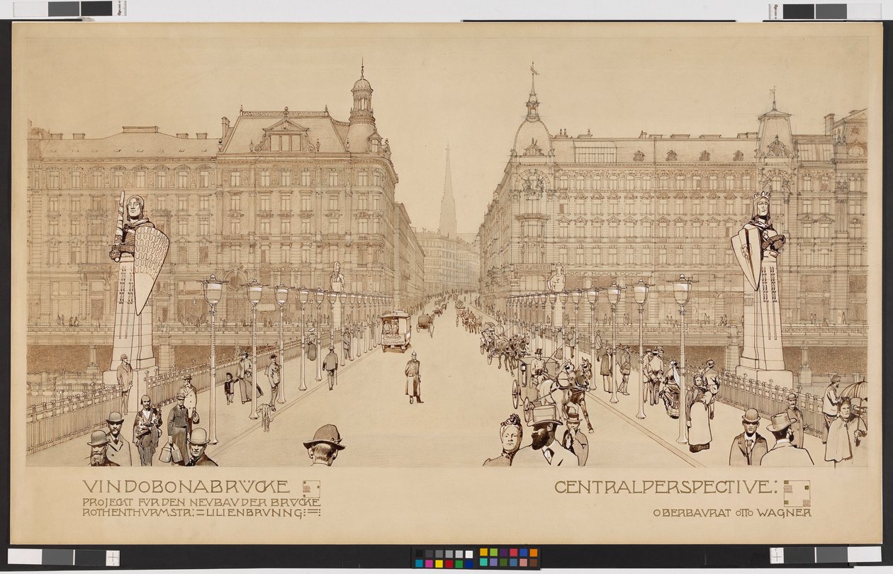 Vindobonabroen / Projekt til nybygning af broen Rothenthurmstraße - Lilienbrunngasse. Centralperspektiv af Otto Wagner