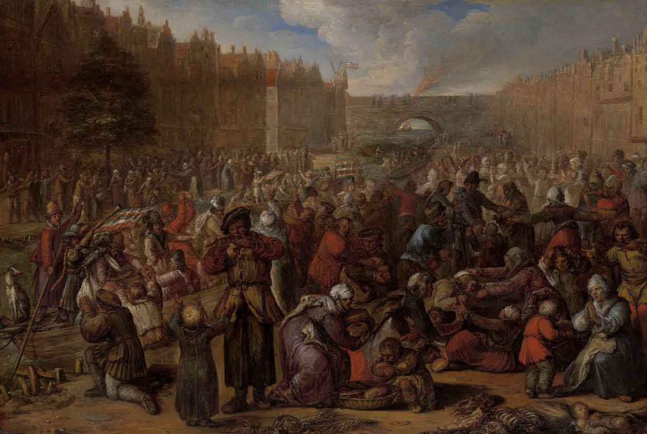 Uddeling af sild og hvidt brød ved relieff i Leiden, 3. oktober 1574, ca. 1600 (olie på panel) af Otto van Veen