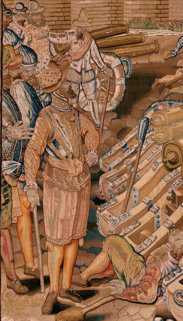 flamsk gobelin. Serie triumfer og slag af ærkehertug Albert. Angreb på byen Calais (Asalto de la plaza de Calais). Andet gobelin i serien. Model Otto van Veen og Hans I Snellinck. Fremstilling Martin Reynbouts, Bruxelles af Otto van Veen