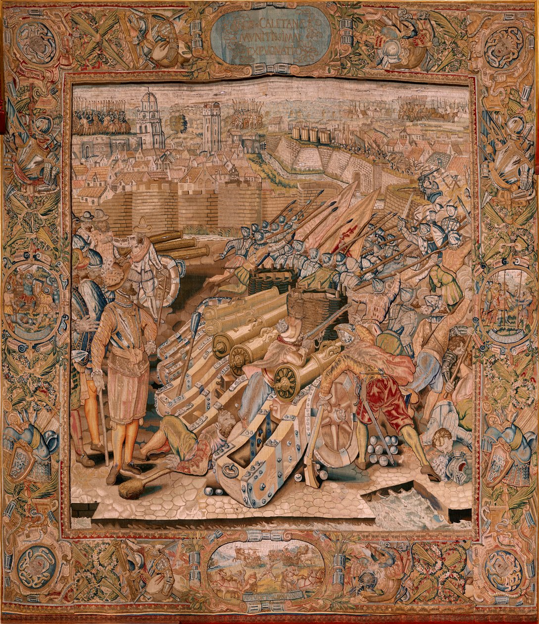 flamsk gobelin. Serie triumfer og slag af ærkehertug Albert. Angreb på byen Calais (Asalto de la plaza de Calais). Andet gobelin i serien. Model Otto van Veen og Hans I Snellinck. Fremstilling Martin Reynbouts, Bruxelles af Otto van Veen