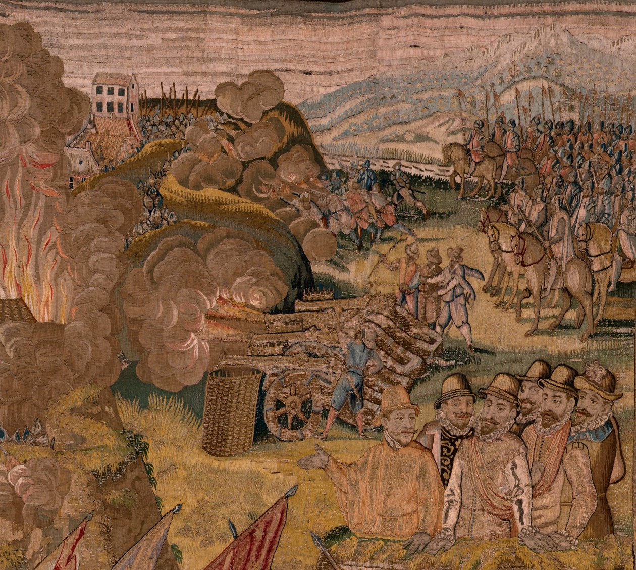 flamsk gobelin. Serie triumfer og slag af ærkehertug Albert. Natangreb på Ardres eller erobringen af den lave by Ardres (Asalto nocturno de Ardrés o Toma de la baja villa de Ardrés). Tredje gobelin i serien. Model Otto van Veen og Hans I Snell af Otto van Veen