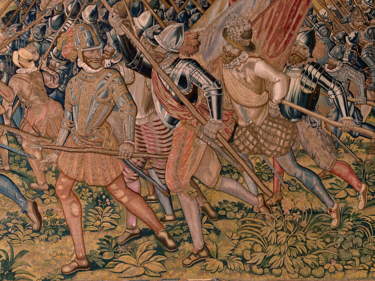flamsk gobelin. Serie triumfer og slag af ærkehertug Albert. Natangreb på Ardres eller erobringen af den lave by Ardres (Asalto nocturno de Ardrés o Toma de la baja villa de Ardrés). Tredje gobelin i serien. Model Otto van Veen og Hans I Snell af Otto van Veen