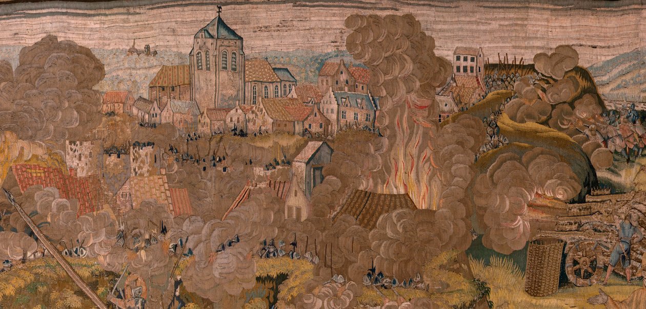 flamsk gobelin. Serie triumfer og slag af ærkehertug Albert. Natangreb på Ardres eller erobringen af den lave by Ardres (Asalto nocturno de Ardrés o Toma de la baja villa de Ardrés). Tredje gobelin i serien. Model Otto van Veen og Hans I Snell af Otto van Veen