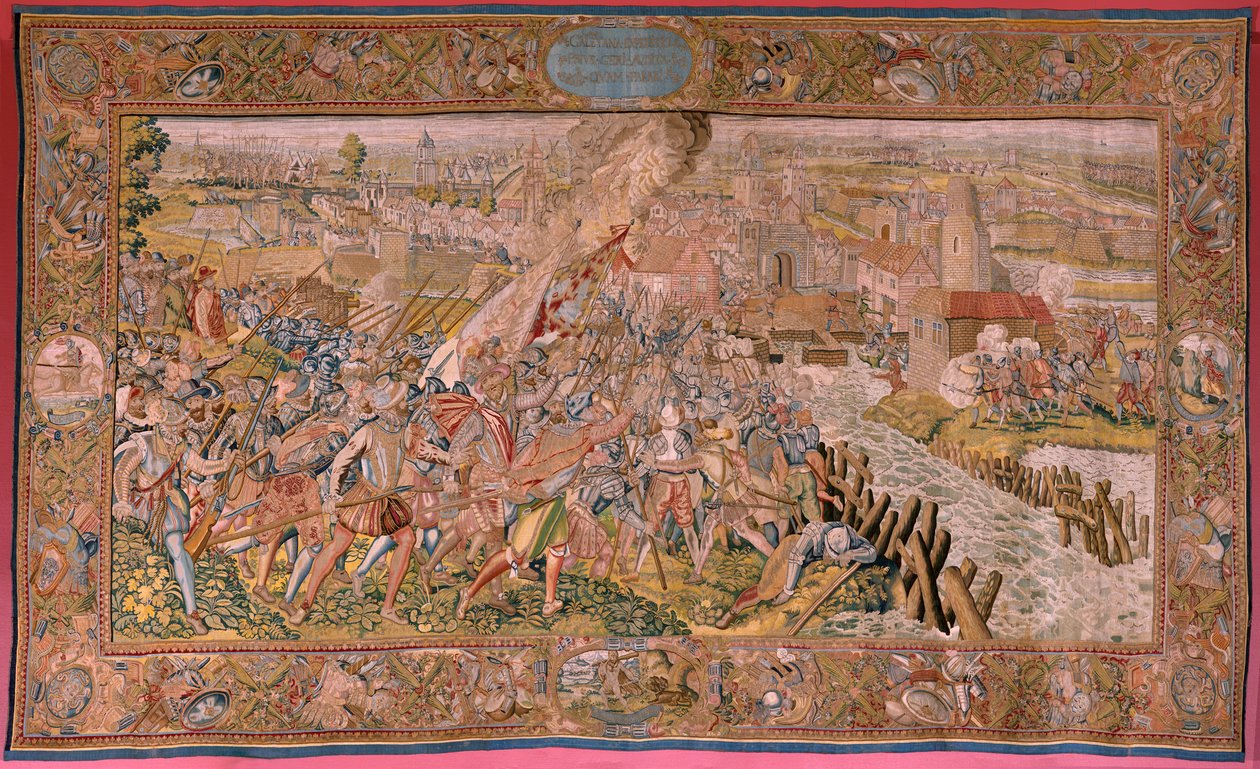 flamsk gobelin. Serie triumfer og slag af ærkehertug Albert. Overraskelse ved Calais (La sorpresa de Calais). Første gobelin i serien. Model Otto van Veen og Hans I Snellinck. Fremstilling Martin Reynbouts, Bruselas. 1597-1599. Stof Guld, sølv, si af Otto van Veen