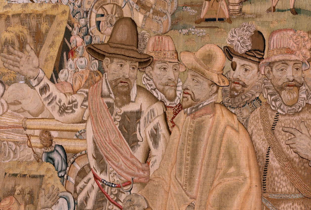 flamsk gobelin. Serie triumfer og slag af ærkehertug Albert. Indtagelsen af byen Hulst (Toma de la Plaza de Hulst). Syvende gobelin i serien. Model Otto van Veen og Hans I Snellinck. Fremstilling Martin Reynbouts, Bruxelles af Otto van Veen
