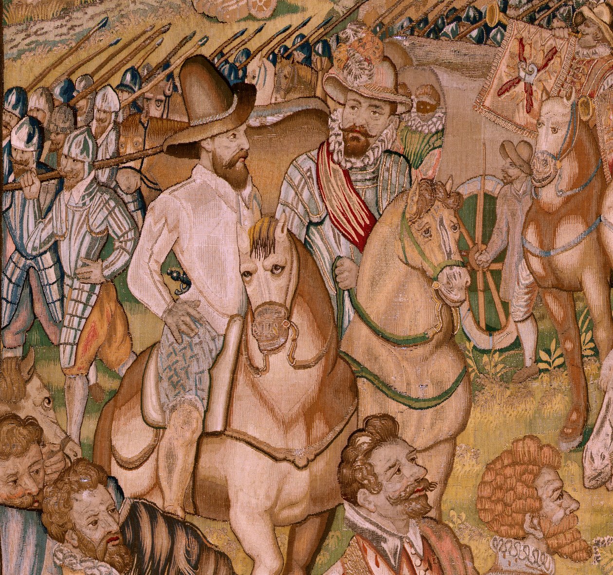 flamsk gobelin. Serie Triumfer og slag af ærkehertug Albert; Garnisonen i Ardres trækker sig tilbage til Frankrig (Retirada a Francia de la Guarnición de Ardrés). Fjerde gobelin i serien. Model Otto van Veen og Hans I Snellinck. Fremstilling Martin Reynbou af Otto van Veen