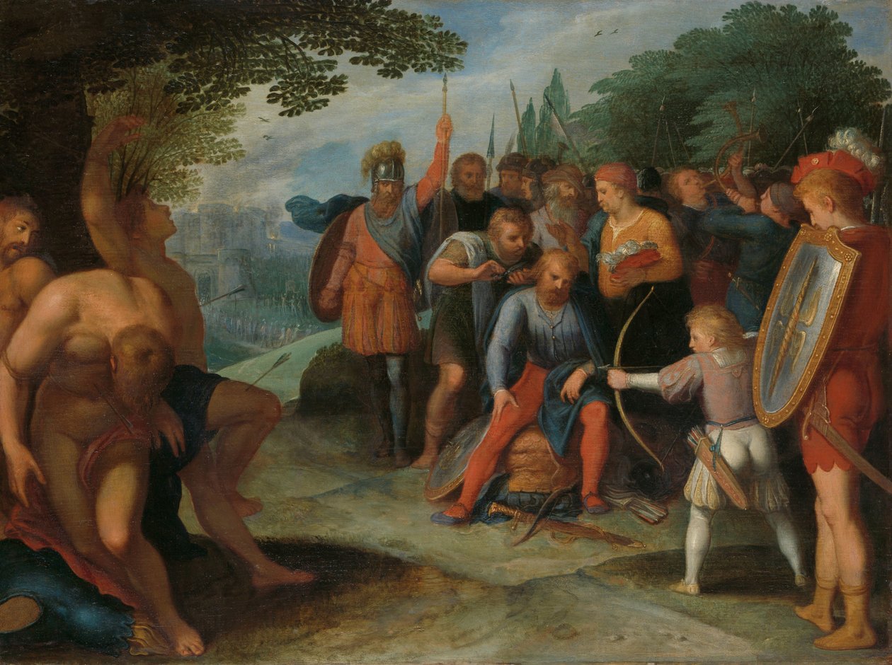 Julius Civilis bliver klippet efter Veteras fald, mens hans søn dræber nogle af fangerne Efter Veteraens fald får Castra Claudius Civilis sit hår klippet, mens hans søn skyder nogle fanger en af en serie på tolv om oprøret af t af Otto van Veen