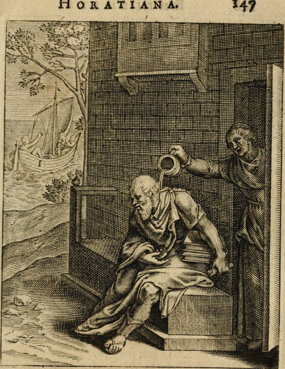 Xanthippe tømmer en kammergryde over Sokrates. Fra Emblemata Horatiana, 1607 af Otto van Veen