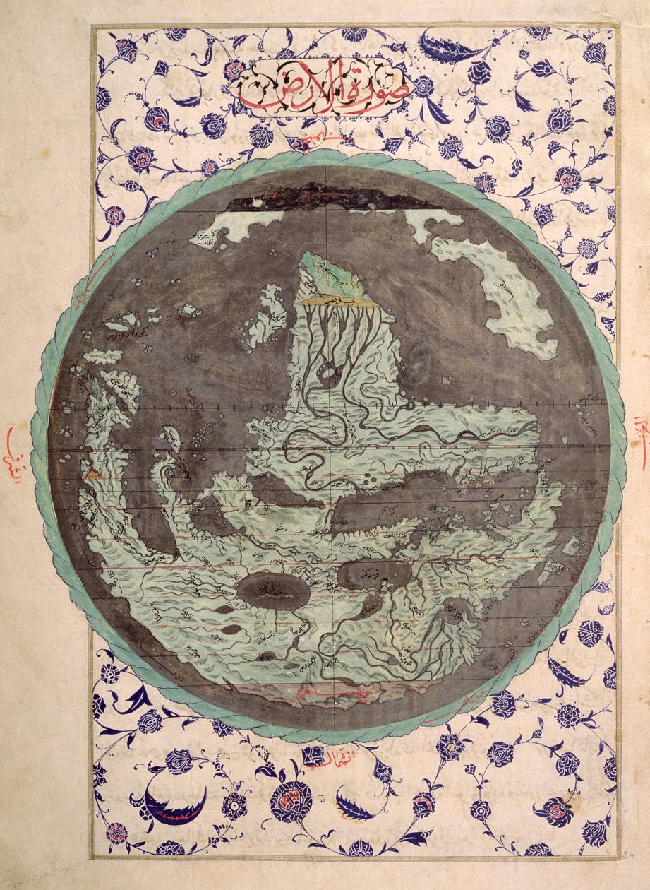 CBL T.414 fol.34a Kort over verden, fra en kopi af Zubdat al-Tawarikh, af The Cream of Histories, slutningen af det 16. århundrede af Ottoman School