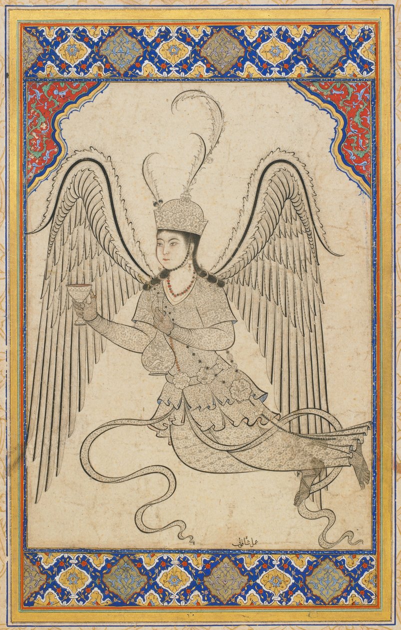 Engel, flyvende, med kop og vinflaske (blæk, farvevask og guld på papir) af Ottoman School
