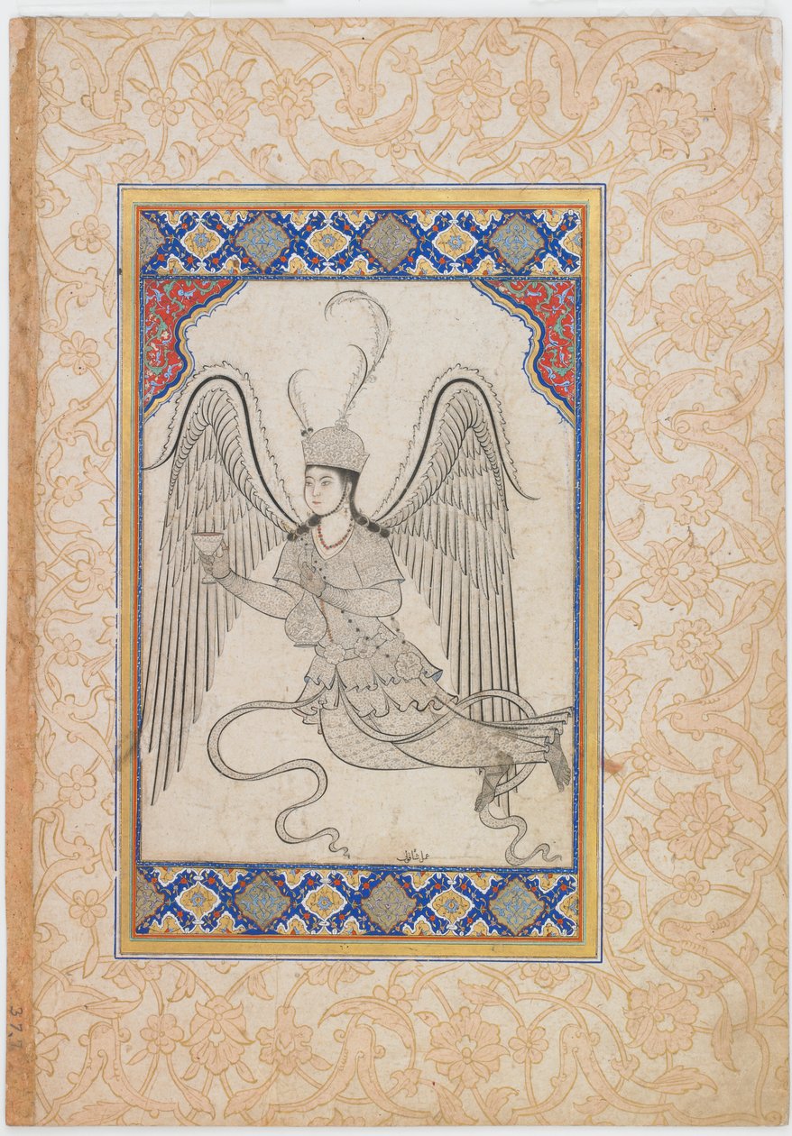 Engel, flyvende, med kop og vinflaske (blæk, farvevask og guld på papir) af Ottoman School