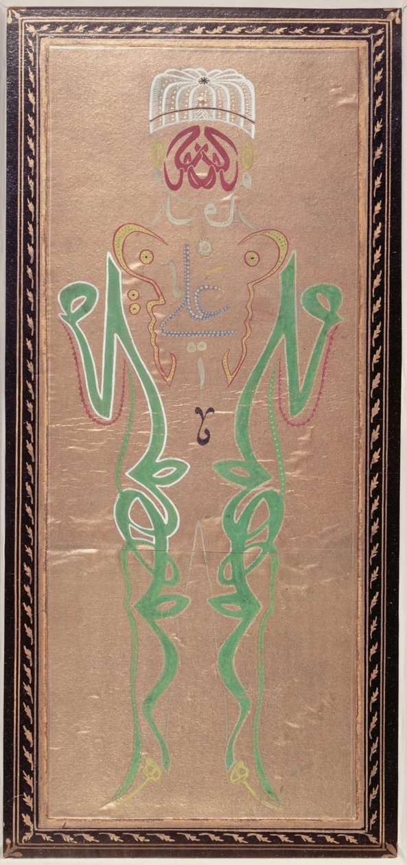 Arabisk kalligrafi med navnene på Muhammed, hans svigersøn, Ali og Alis to sønner, Hassan og Hussein (farvet blæk på papir) af Ottoman School