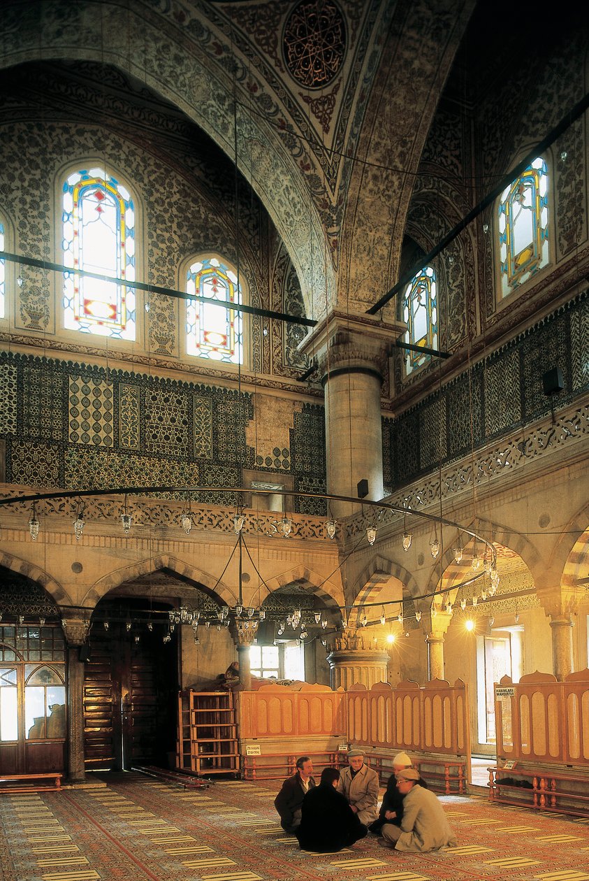 Arkitektur, osmannisk kunst: Interiør af Den Blå Moske eller Sultanahmet Camii bygget af Mehmet Aga (1609-1616). Tyrkiet, Istanbul. af Ottoman School