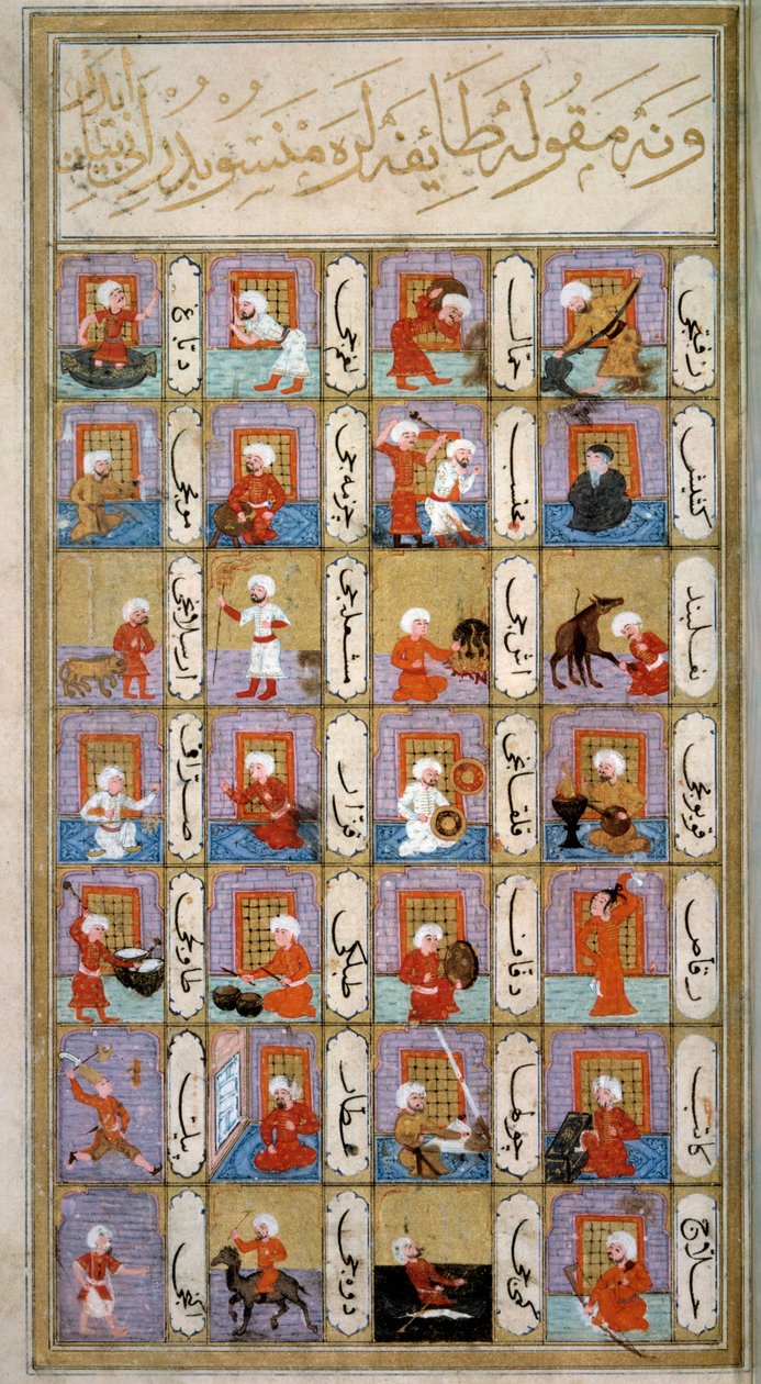 Astrologi: repræsentation af menneskets forskellige aktiviteter i henhold til planeterne: musiker, tømrer, væver, kamelmager, kopist, maler, skrædder. Miniature fra det osmanniske manuskript 242 "" Matali 