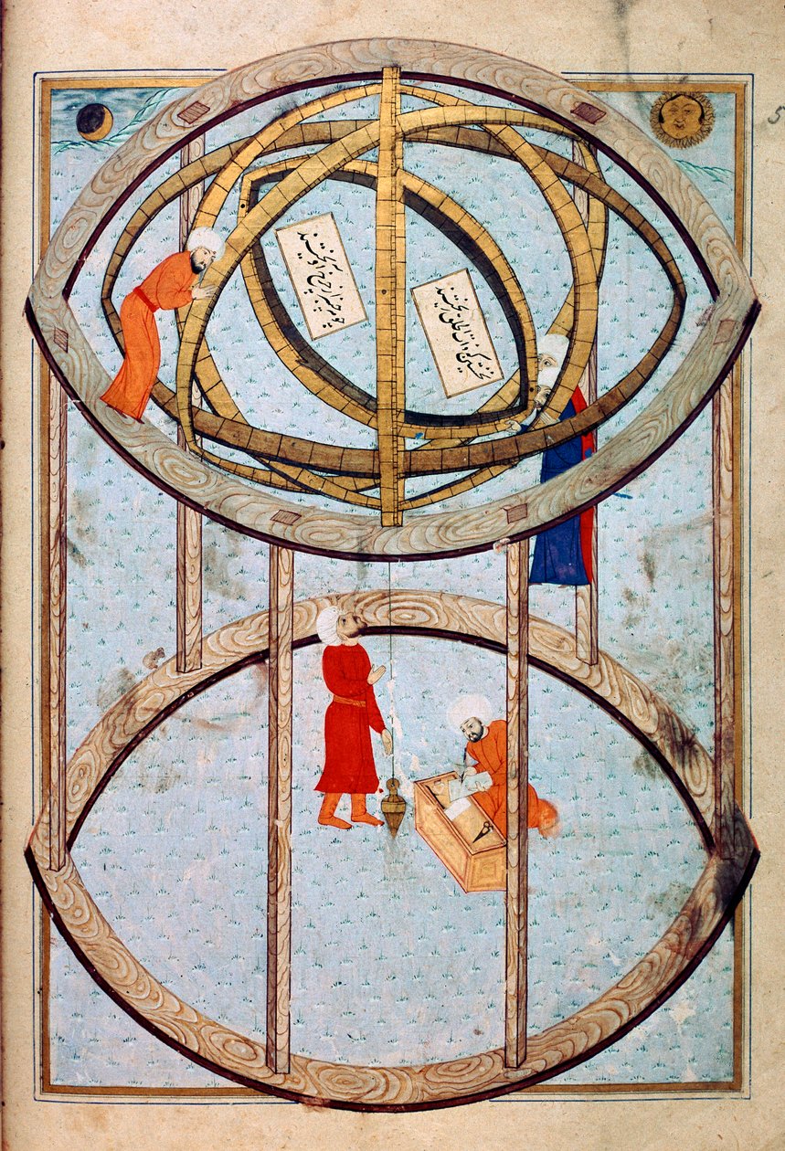 Astronomer manipulerer en enorm armillarkugle og værktøjer til at måle længde- og breddegrad Miniature fra manuskriptet ms. FY 1404 "" Sehinsahname"" (eller Shahinshah-nama eller Shahinshah-nameh, Shahinshah nama eller Shahinshah nameh) "Historien om konge af Ottoman School